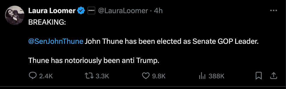 Laura Loomer Posted to X that Thune has notoriously been anti-trump