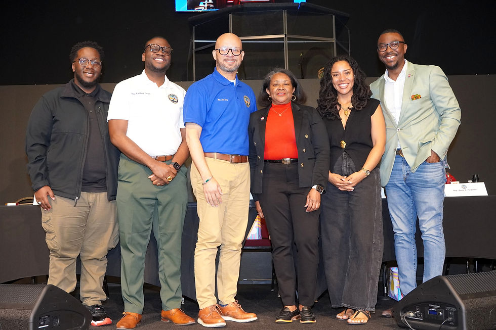 From left to right: Representative Keishan Scott (District 50, Sumter, Lee, and Kershaw Counties), Representative Kambrell Garvin (District 77, Richland County), Representative John King (District 49, York County), Representative Annie E. McDaniel (District 41, Fairfield and Chester Counties), Chair of the South Carolina Legislative Black Caucus, Representative Courtney Waters (District 113, Charleston County), and Representative Hamilton Grant (District 79, Richland County) during a community town hall in Rock Hill. JavarJuarez©2026