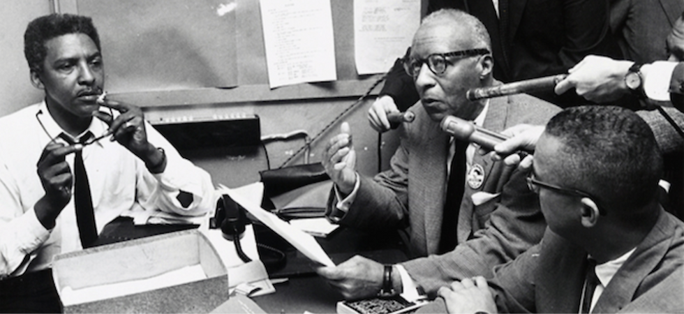 Bayard Rustin, left, A. Philip Randolph, right, and John Morsell during a 1963 press conference. (Library of Congress)