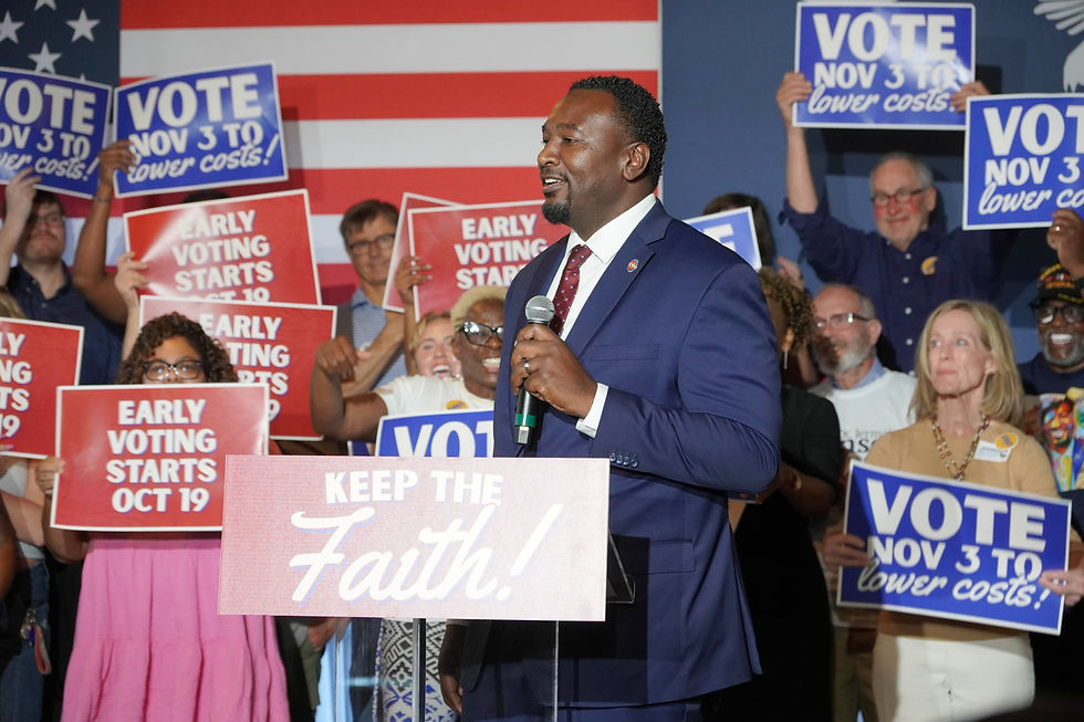 Democratic gubernatorial nominee Dr. Jermaine Johnson addresses supporters at Friday night's New SC rally in Columbia, calling for a change in statewide leadership and a greater focus on the needs of South Carolina families. JavarJuarez©2026