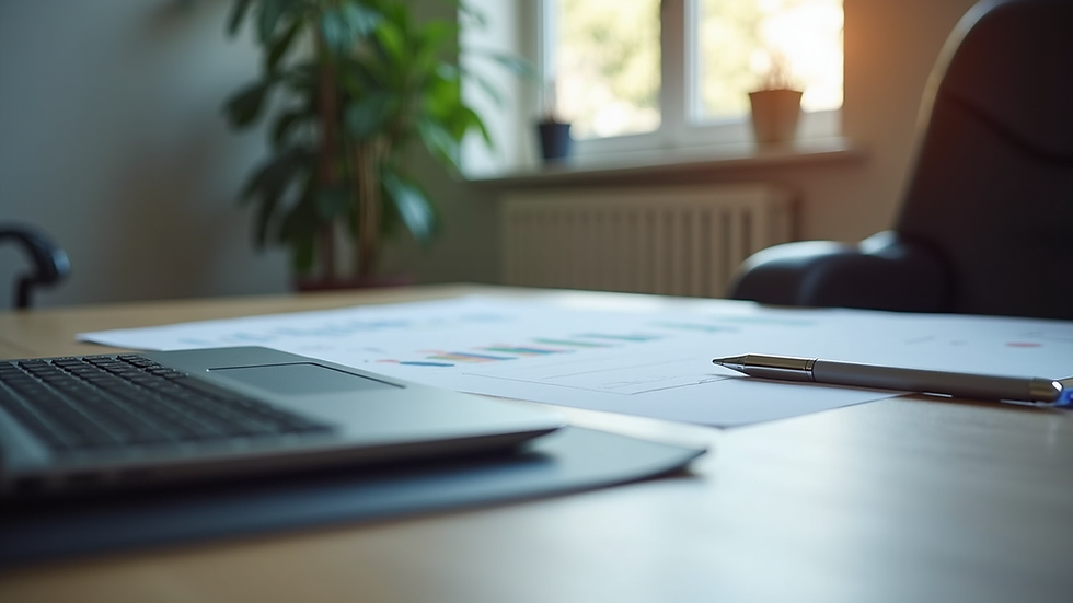 Vue rapprochée d'un bureau avec un plan d'affaires et un ordinateur portable