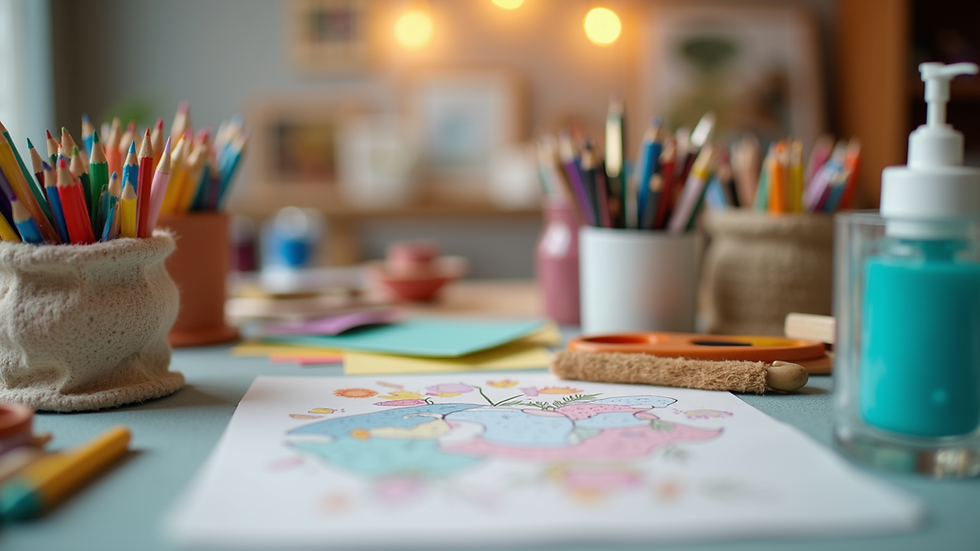 Eye-level view of colorful DIY craft supplies arranged on a table