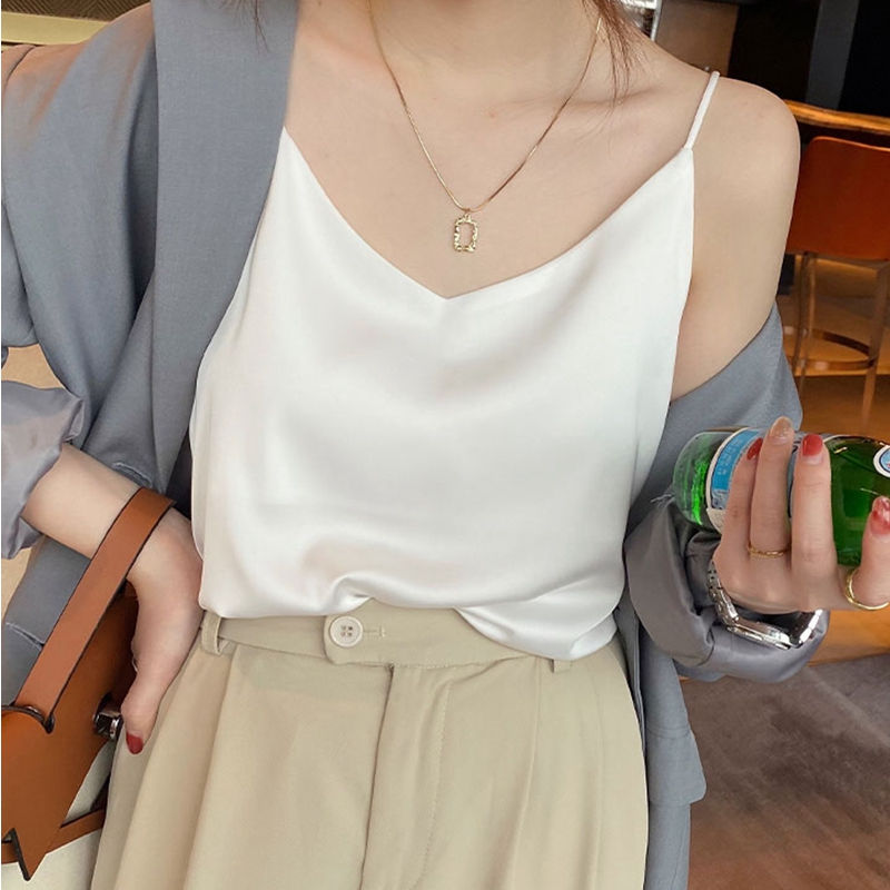 Sexy Strap Crop Top Women Halter V Neck Basic White Black Cami Sleeveless Satin