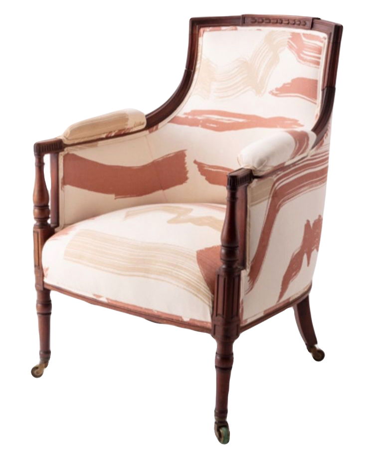 Reupholstered Vintage Chair as imagined by Joe Lucas for Harbinger NYC. Redone in our luxury handprinted Belgian Linen fabric Painted Desert.
