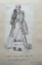 A b/white stackh of a man and woman up a ladder touching a statue's face.