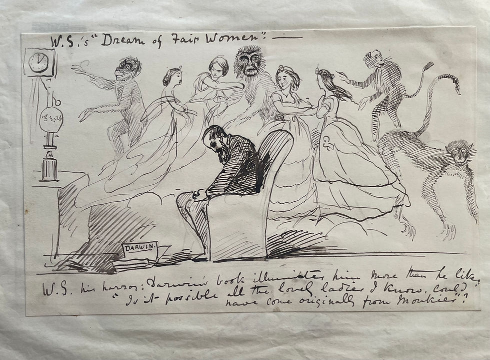 a cartoon of a bearded men drawing about monkeys and women