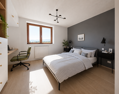 Chambre d'adolescent avec lit métal, mur gris, sol chêne et rangements avec bureau intégré sur mesure — aménagement intérieur à Usinens (74)