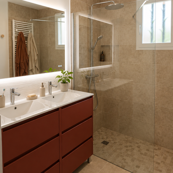 Salle d'eau avec meuble double vasque aux façades terracotta, miroir LED et douche pleine largeur sur sol travertin — rénovation salle de bain à Rumilly (74)