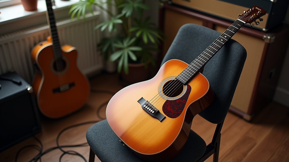 High angle view of a guitar resting on a chair in a music room