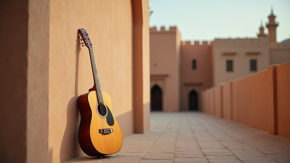 Eye-level view of a guitar leaning against a traditional Riyadh wall