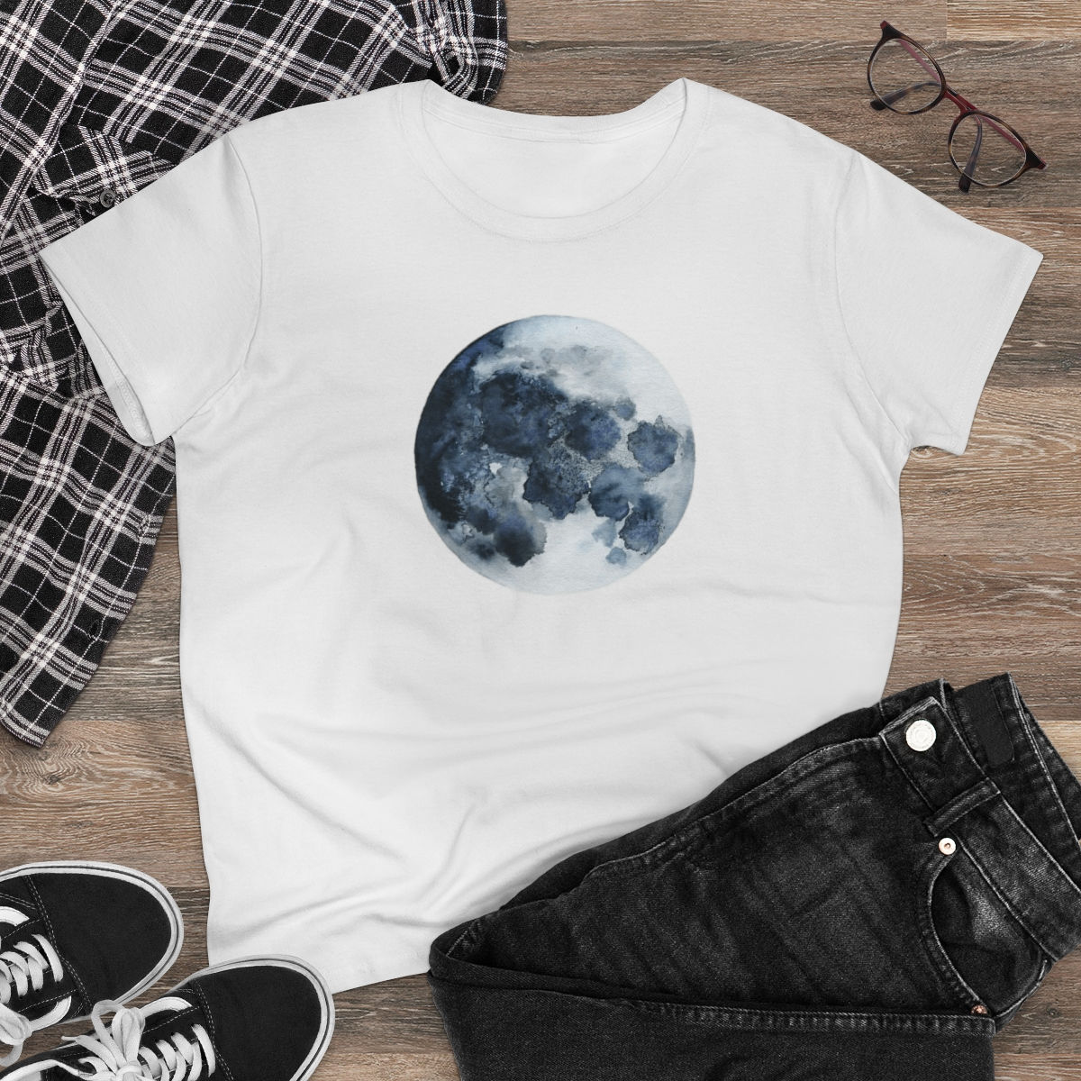 Women's Watercolor Moon Cotton T-Shirt