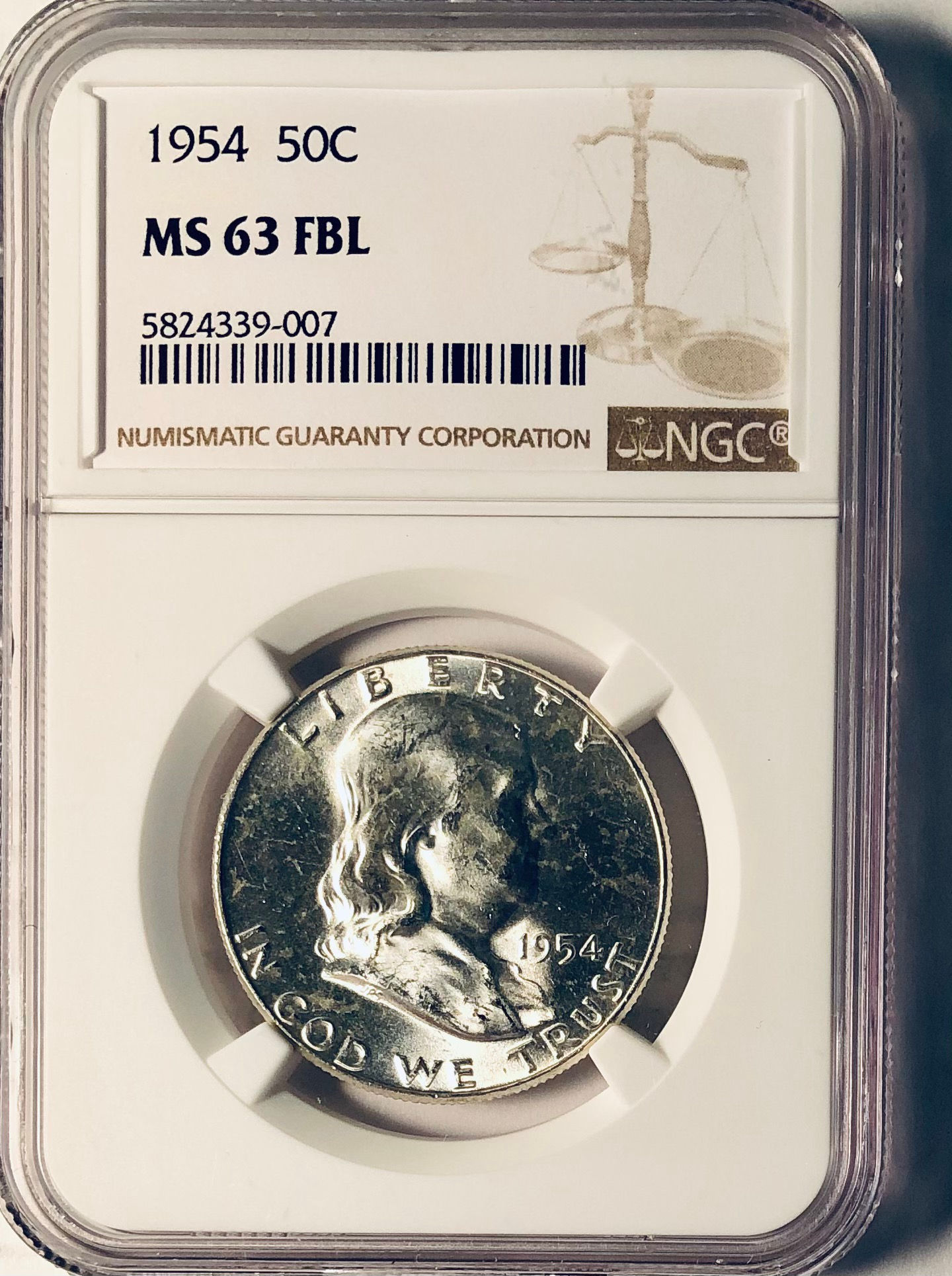 1954 Franklin Half Dollar - NGC MS-63 FBL -  Full Bell Lines