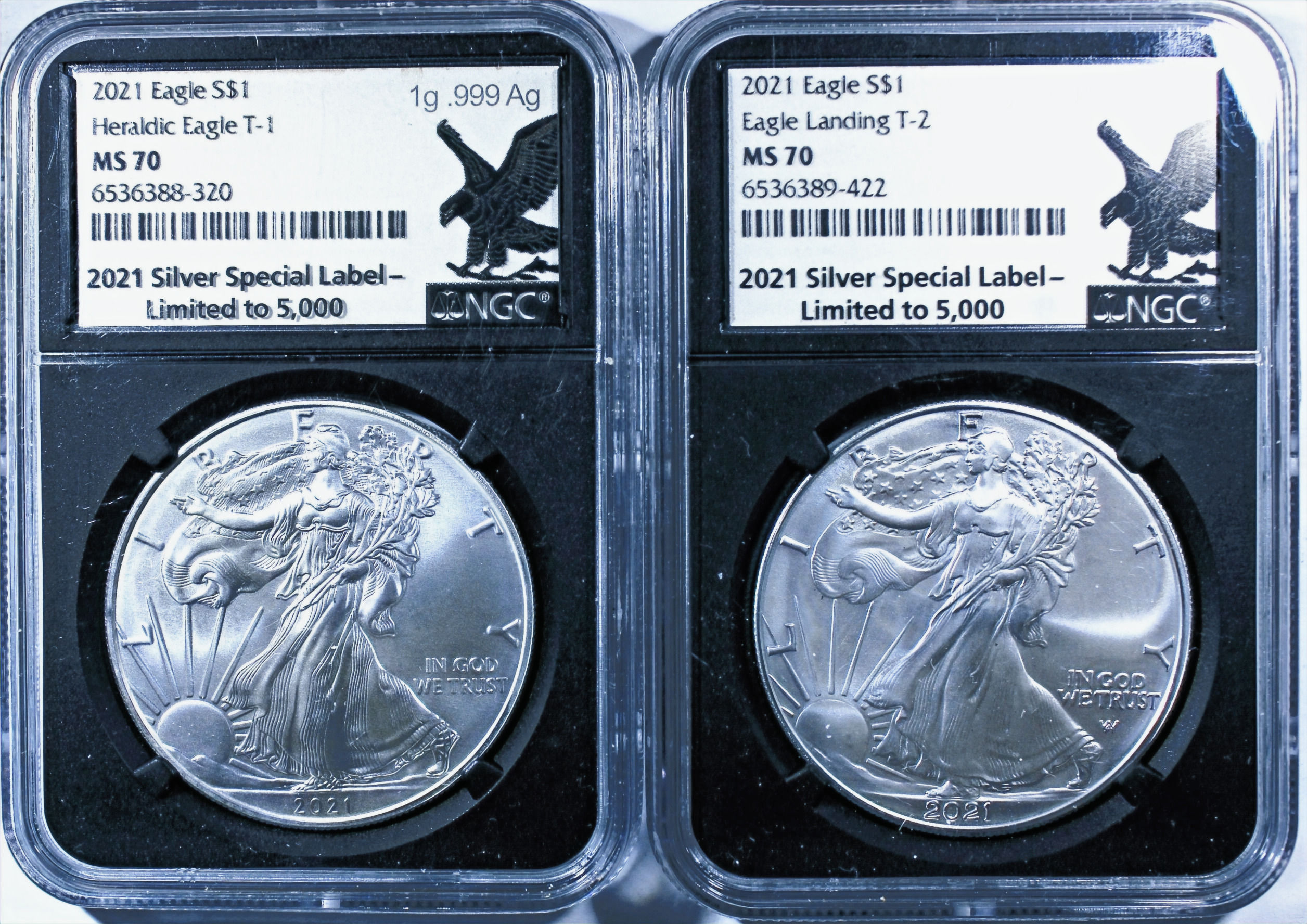 2021 Pair American Silver Eagles -Type 1 and 2 -NGC MS-70 - Black Label