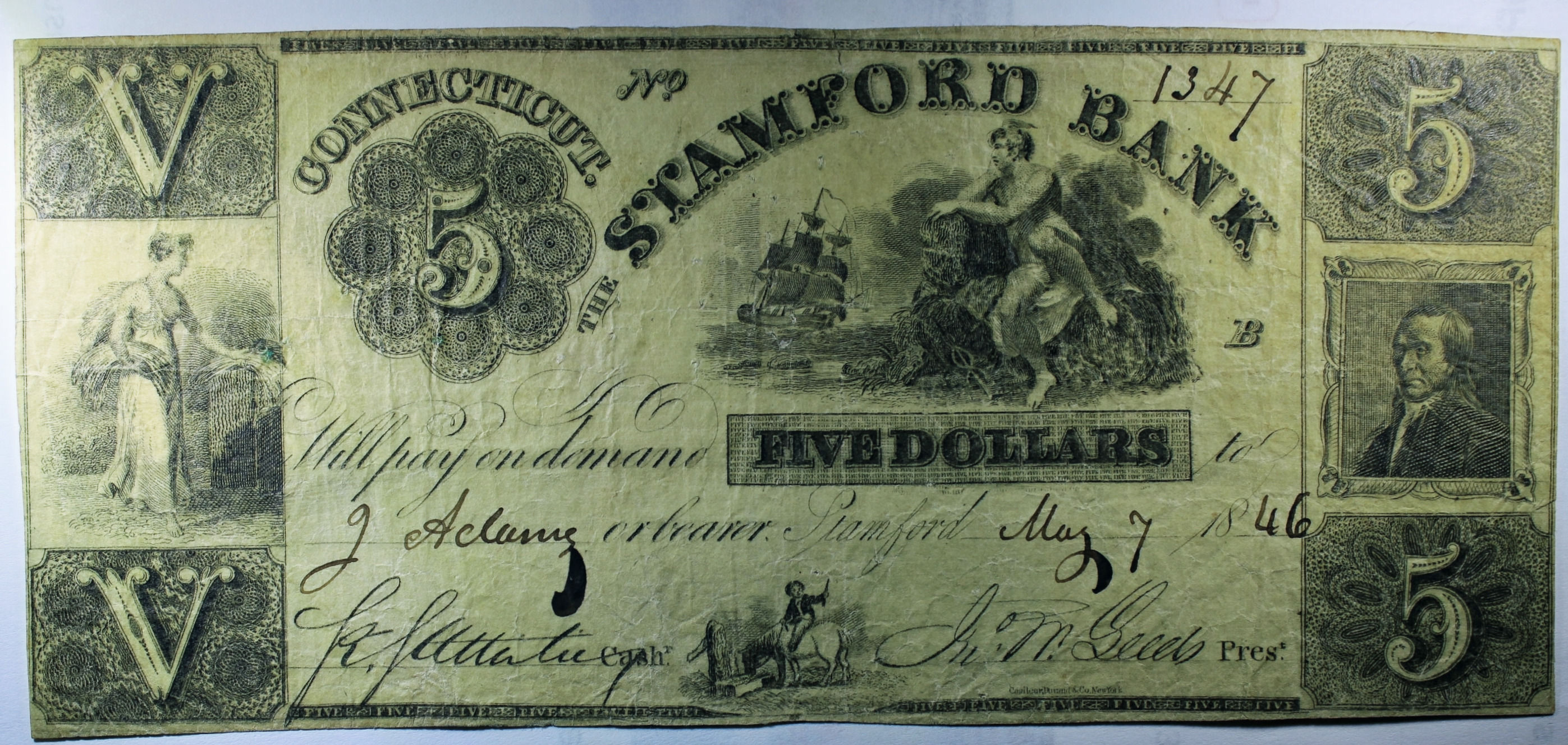 1846 Stamford, CT Stamford Bank $5 Note - Ungraded F Pinholes