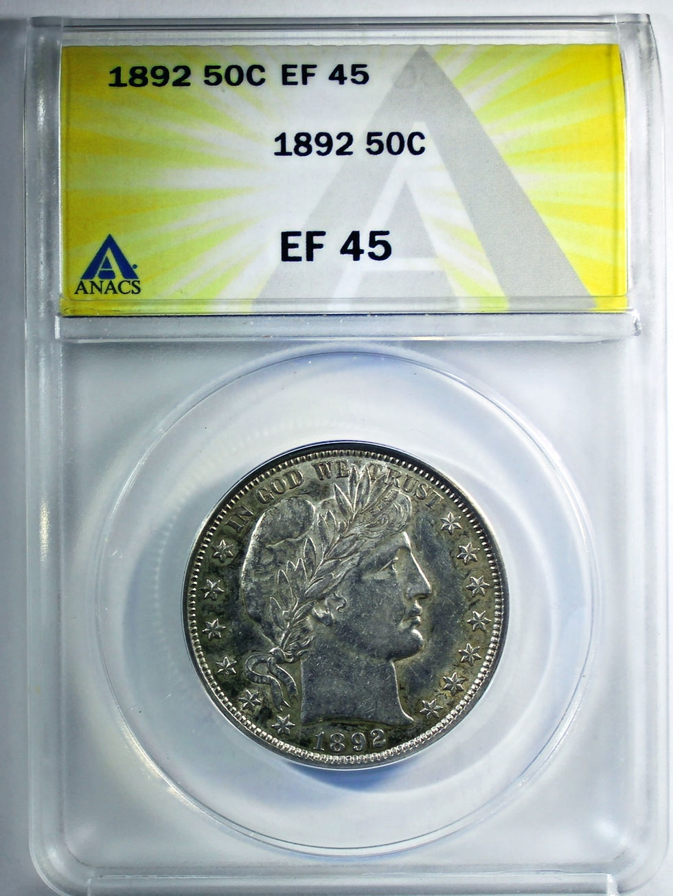 Thumbnail: 1892 Barber Silver Half Dollar - ANACS EF-45 - Extra Fine 45