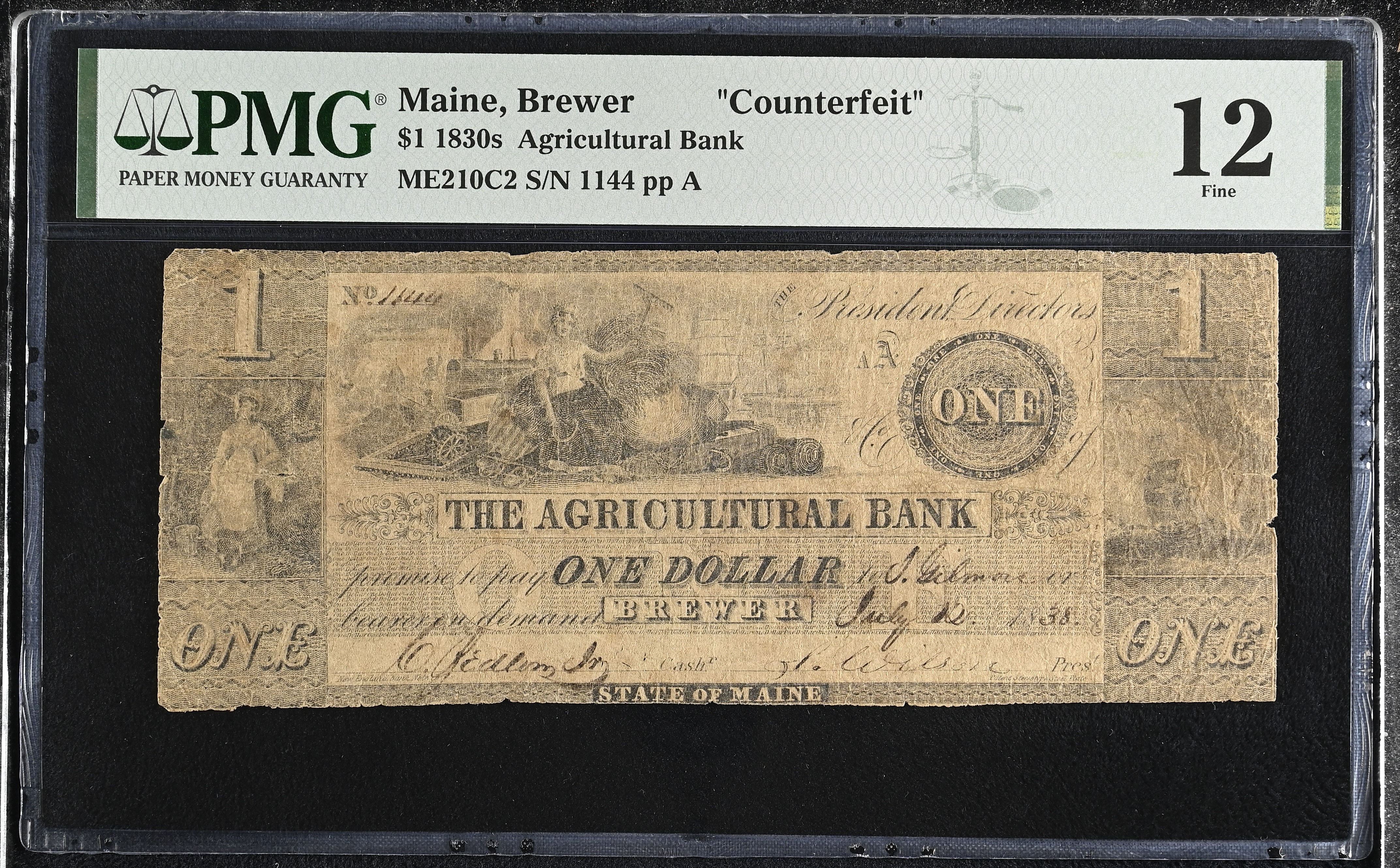 1836-1841 Brewer Maine - $1 The Agricultural Bank Note - PMG Fine 12-Counterfeit