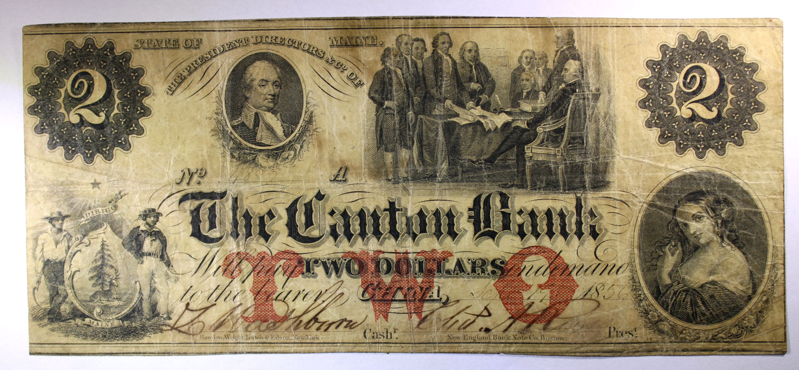 1856 China, Maine The Canton Bank $2 Note - Ungraded F Scarce