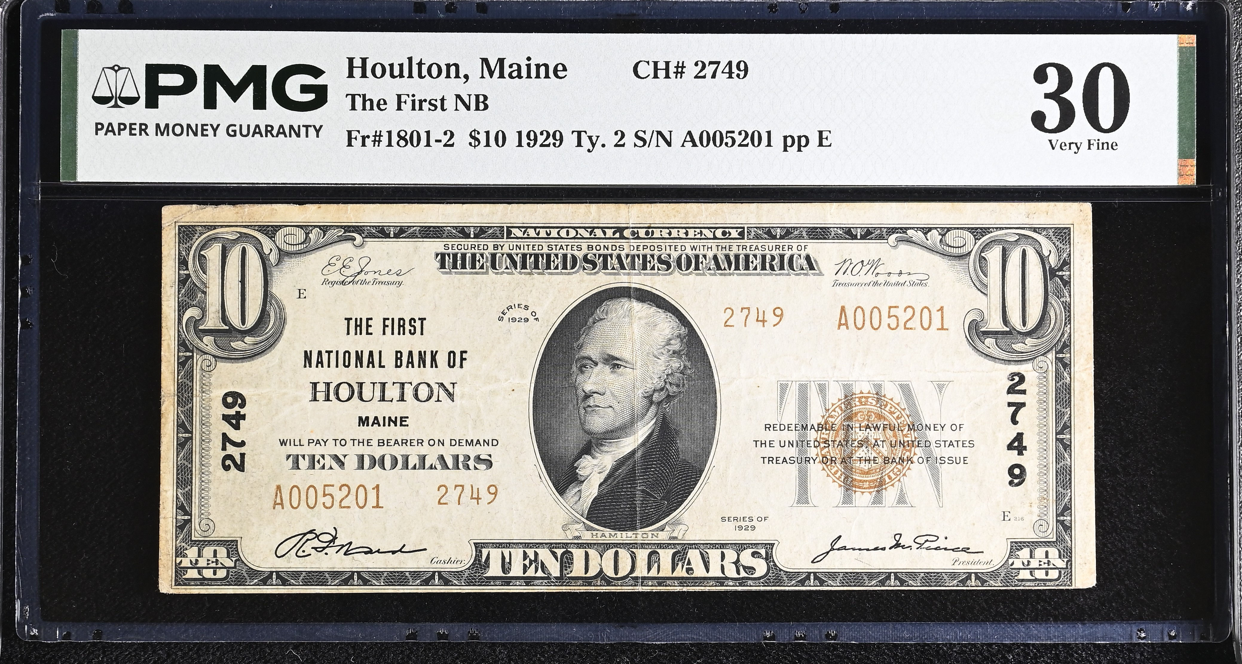 1929 Type 2 $10 Houlton, ME - First National Bank - FR#1801-2 - PMG VF-30