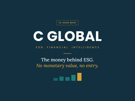 C GLOBAL ESG Financial Intelligence banner: "The money behind ESG. No monetary value, no entry."