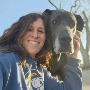 DB Pet Sitter is outside scratching the chin of a grey smiling great dane