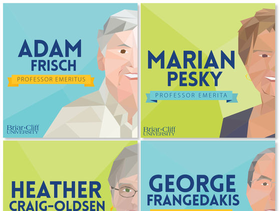 Emeriti Professors illustrated in geometric style with bright greys and blues.
