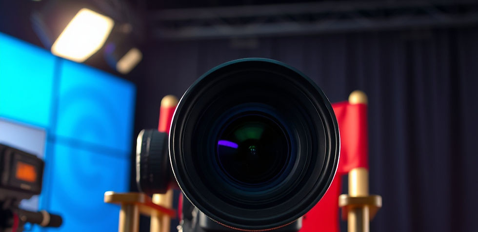 I want a picture of a camera lens in a movie studio setting sitting in a directors chair a