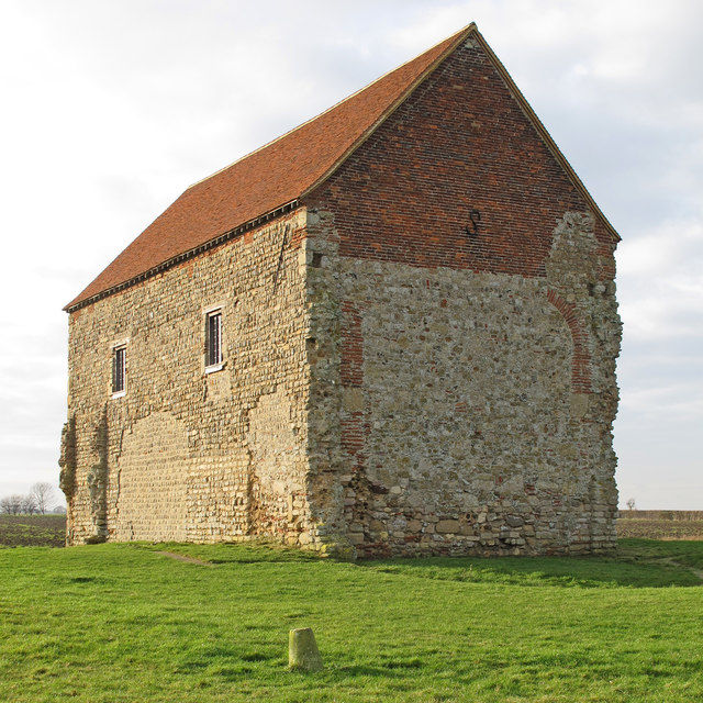 St Peter-on-the-Wall, the rectangular barn-like church, from another, very similar, angle.