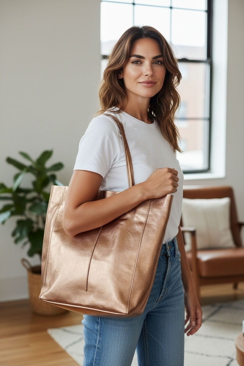 Miniature : Sac cabas en cuir véritable effet métallisé 
