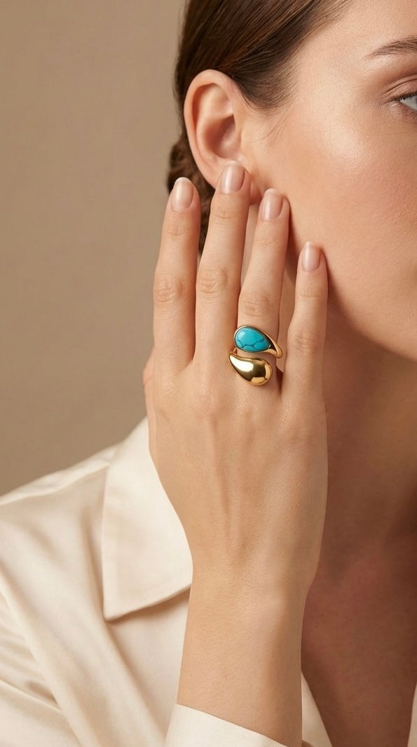 Thumbnail: Bague en acier inoxydable et pierre turquoise 