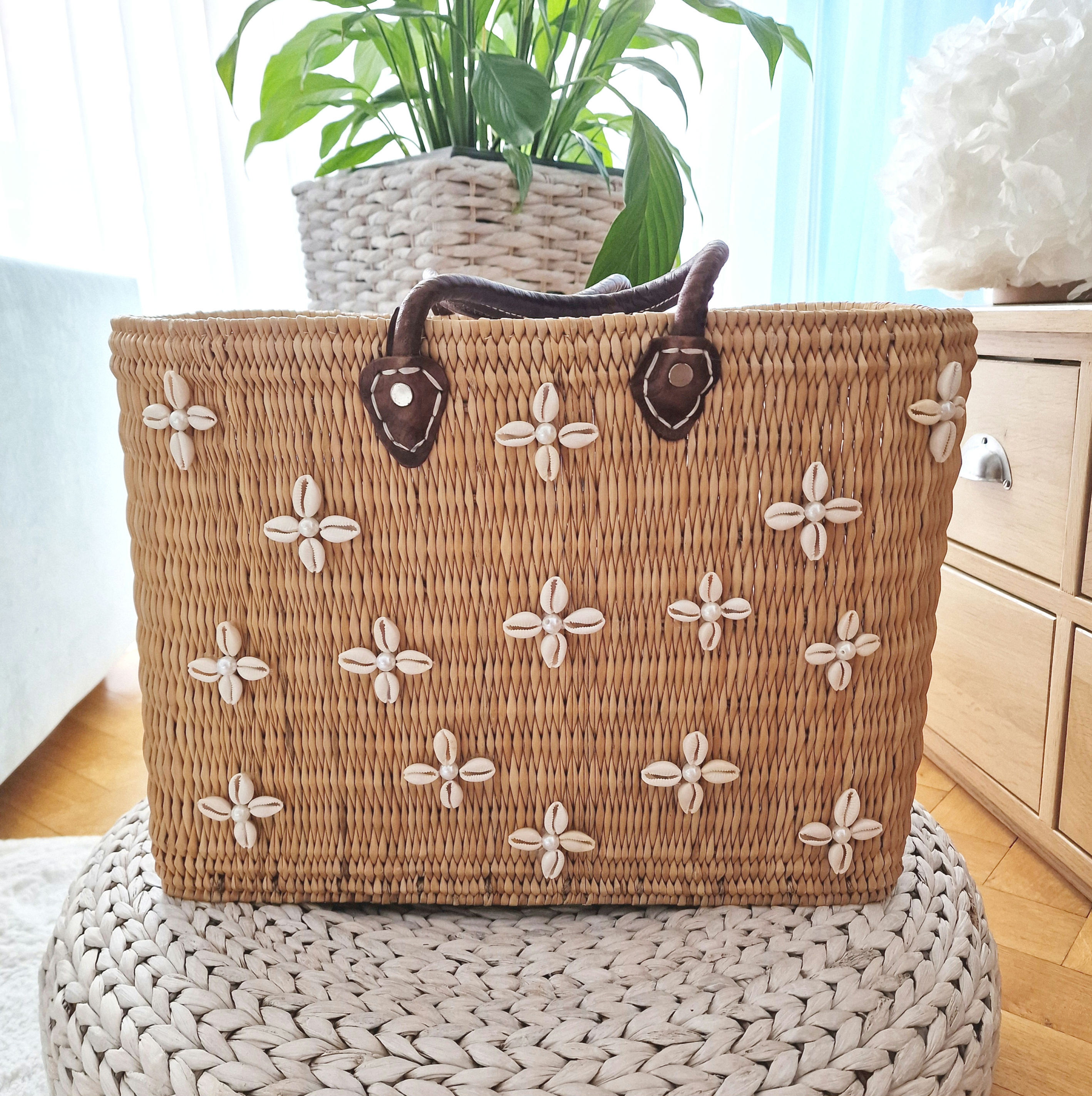 Panier créateur en rotin et cuir véritable