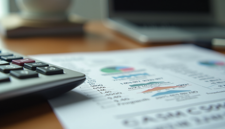 Eye-level view of a calculator and financial documents on a wooden desk