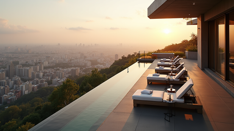 High angle view of a luxurious hotel terrace overlooking the cityscape