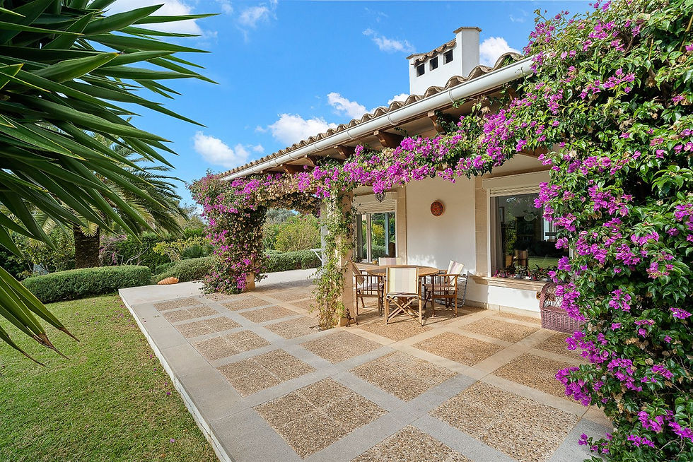 Covered terrace with bougainvillea and outdoor seating, Costa de los Pinos villa