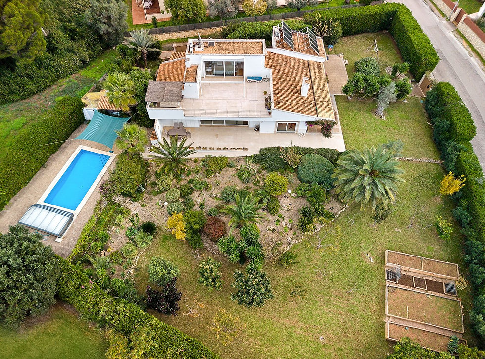 Aerial view of villa with pool and lush garden, Costa de los Pinos