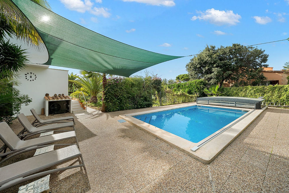 Poolside terrace with a shade sail, Costa de los Pinos villa