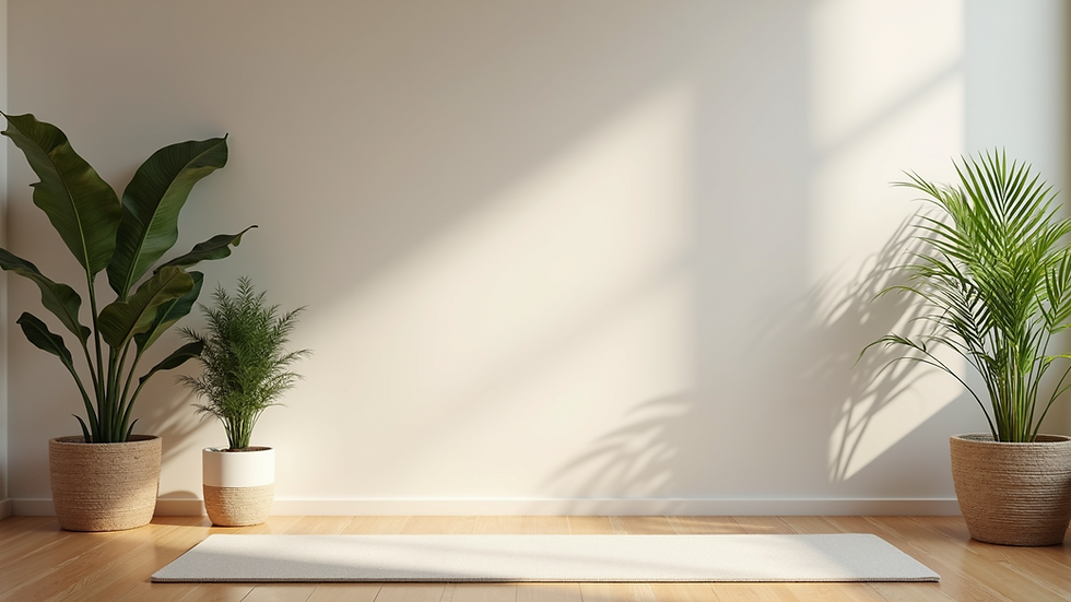 High angle view of a serene space with yoga mat and plant decorations