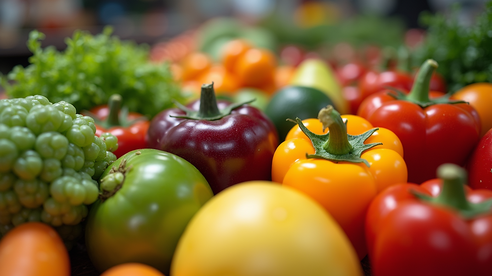 Eye-level view of a colorful arrangement of fresh fruits and vegetables