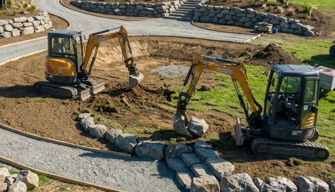 An aerial view of a construction site for a landscaping services in Invercargill project, featuring two mini-excavators. The image captures the machinery on a dirt area with gravel piles and large rocks, with a gravel road winding through.