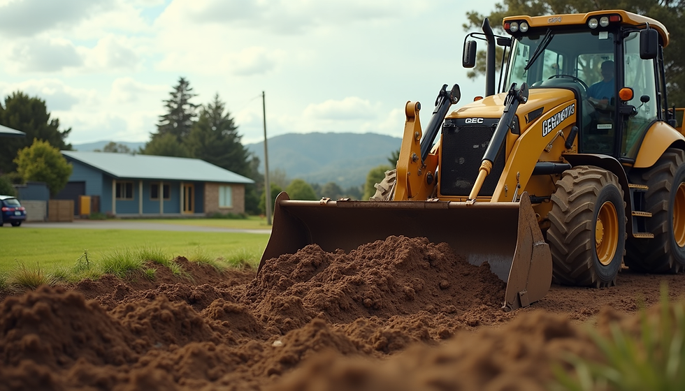 Eye-level view of a digger moving soil on a residential property in Southland