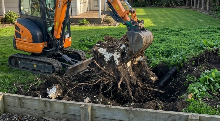 Orange excavator lifts a huge uprooted stump from a landscaped yard beside a house, with dark soil and green grass visible.