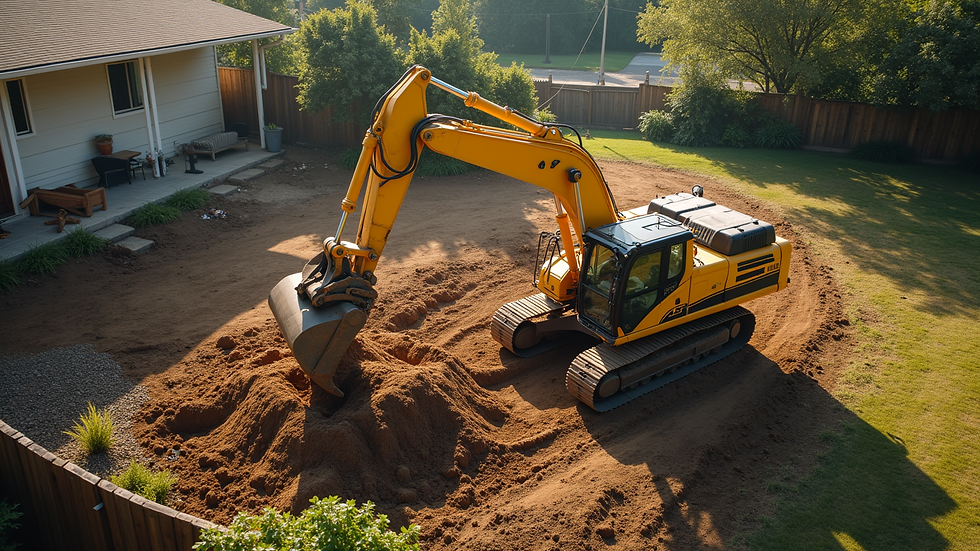 High angle view of a medium-sized excavator moving soil on a residential property