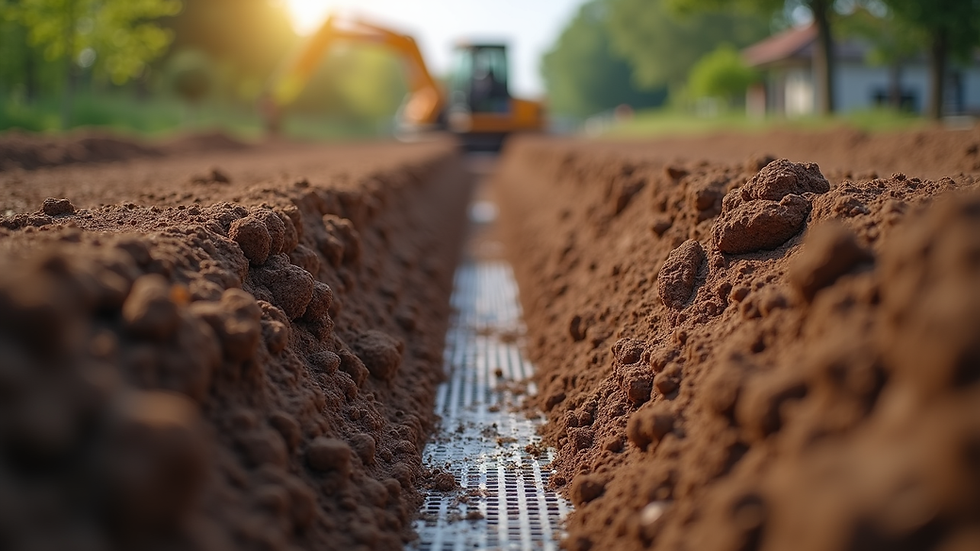 Eye-level view of a trench being dug for drainage installation