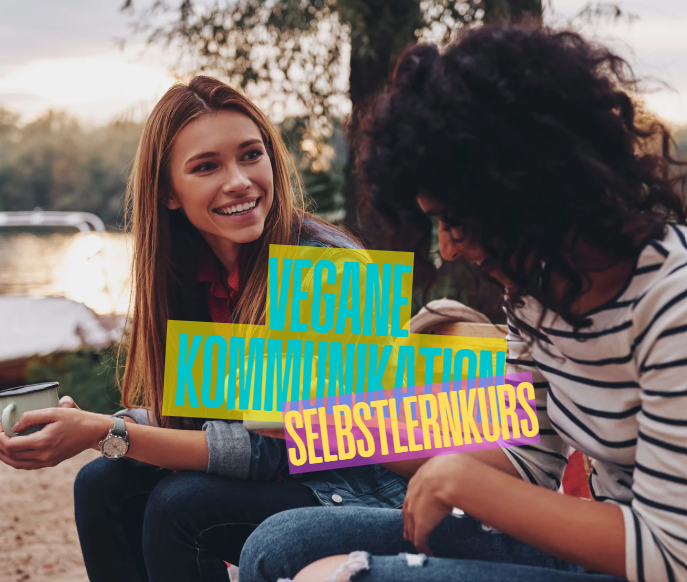 Zwei Frau sitzen nebeneinander. Sie unterhalten sich freundlich und entspannt miteinander. Das Bild enthält auch einen Schriftzug "How to talk vegan".