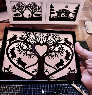 SOLD ... Scherenschnitte: SINGLE HEART TREE WITH COWS, DEER, RABBITS black frame