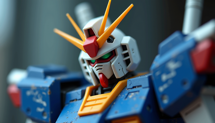 Eye-level view of a detailed Gundam model kit on a display stand