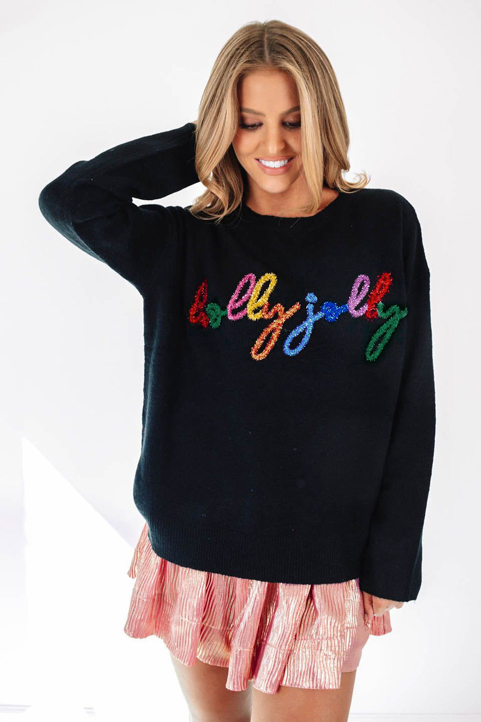 Thumbnail: Black Holly Jolly Round Neck Casual Sweater