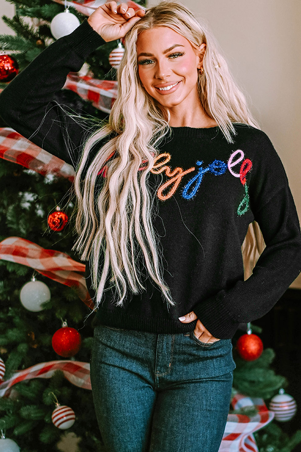 Thumbnail: Black Holly Jolly Round Neck Casual Sweater