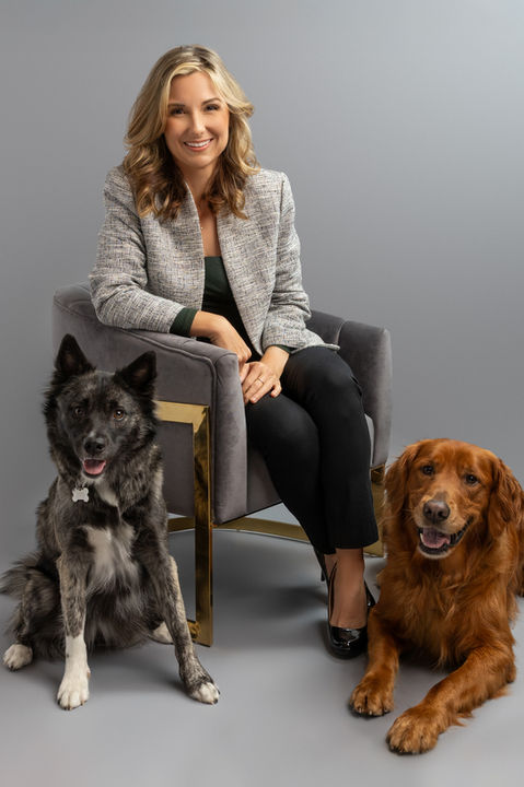 Professional studio headshot, branding image with dogs