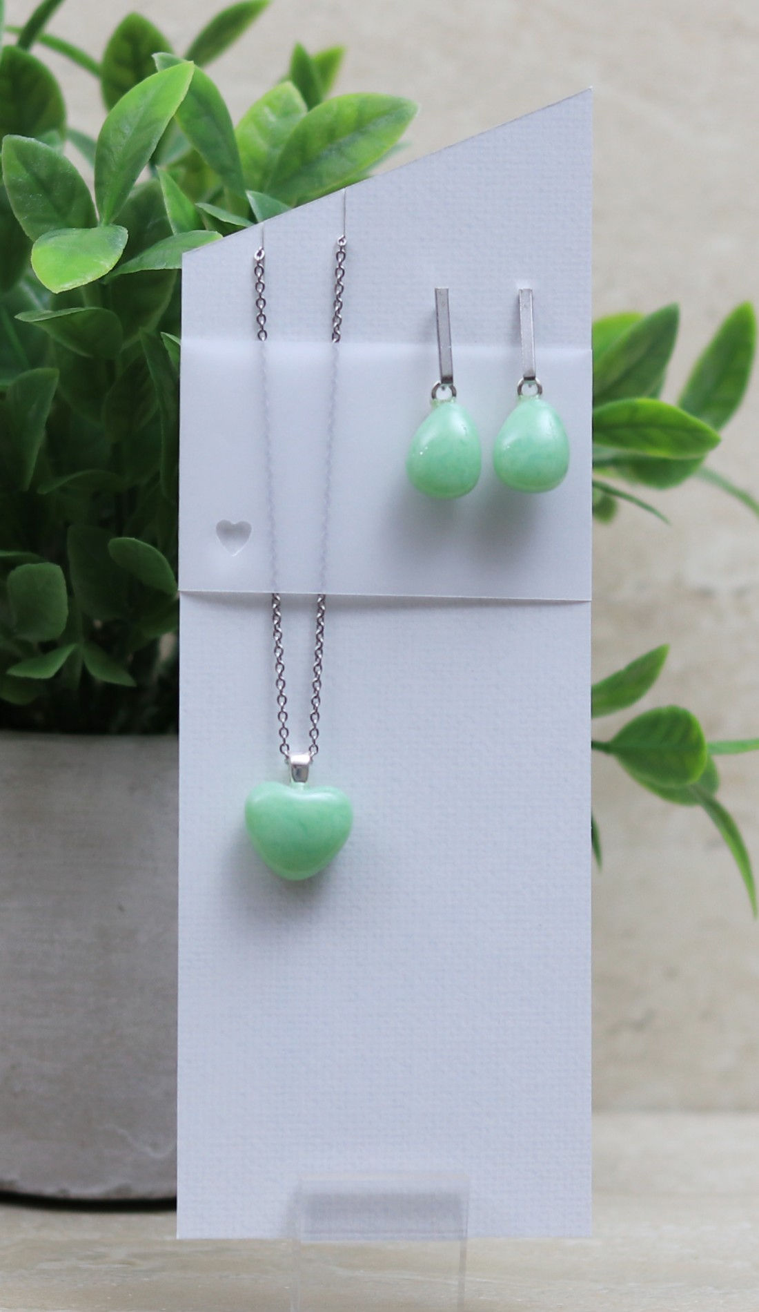 Mint Green Glass Heart and Tear drop Set