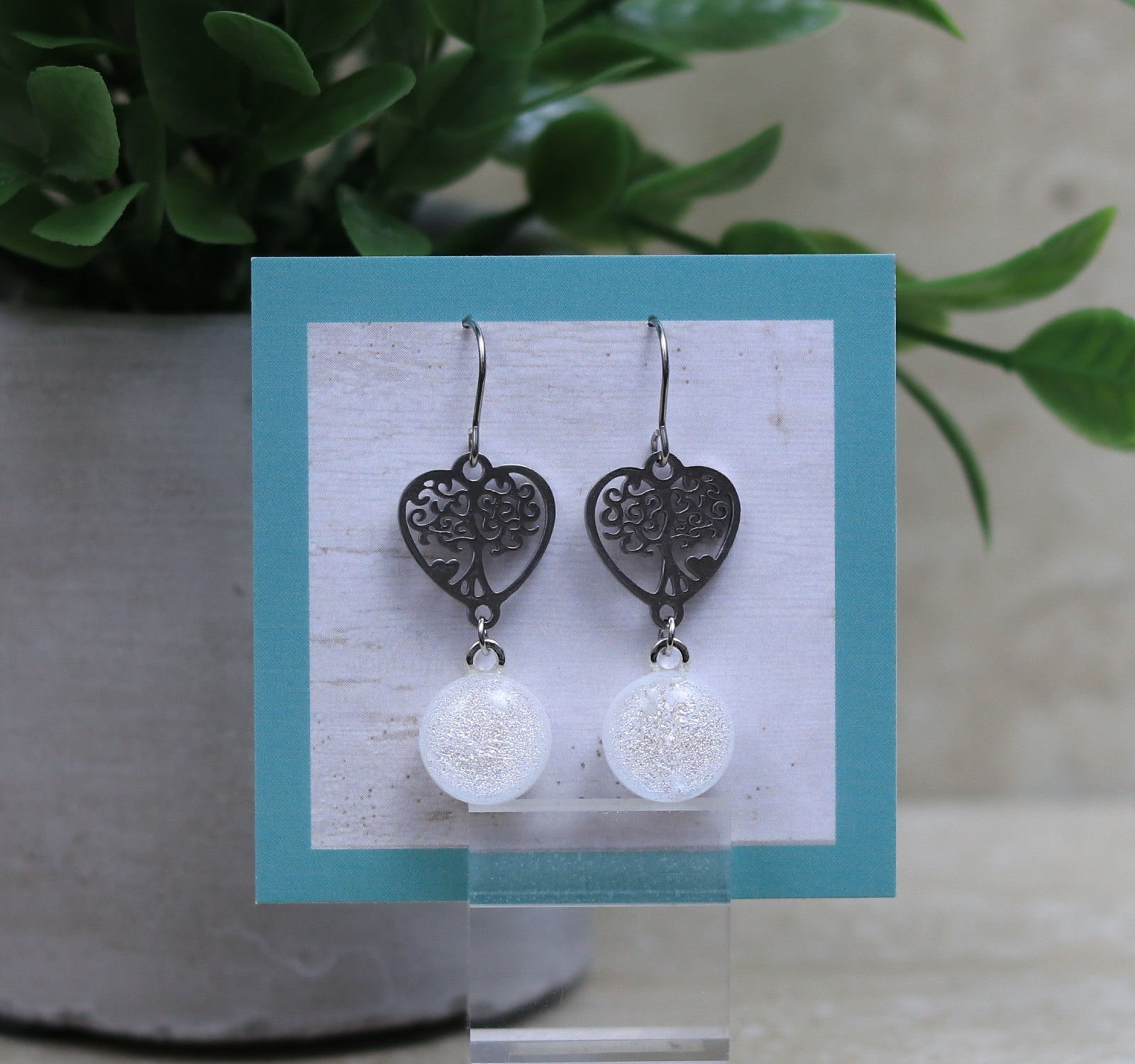 White Dichroic Glass with Tree Of Life Heart